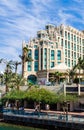 EILAT, ISRAEL Ã¢â¬â November 7, 2017: The entrance to the Marina with the promenade and Hilton Hotel Complex on the background